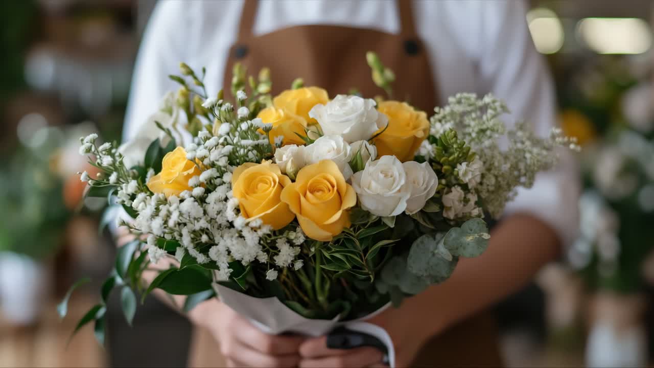 Un fiorista presenta uno splendido bouquet di rose gialle e bianche, circondato da un delicato verde, che mette in risalto l'artigianalità e l'eleganza dell'arte floreale.