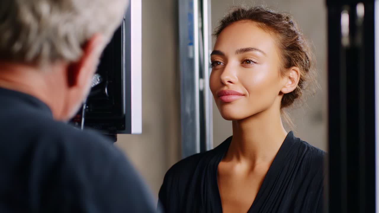 Captivating Beauty: A Close-Up Portrait of a Woman in Front of a Camera During a Makeup Session for a Professional Photoshoot