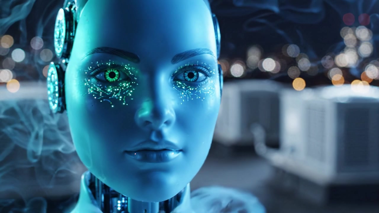 Un robot umanoide futuristico con elementi luminosi e un'estetica high-tech si erge su uno sfondo sfocato di città, emanando un senso di tecnologia avanzata e innovazione.
