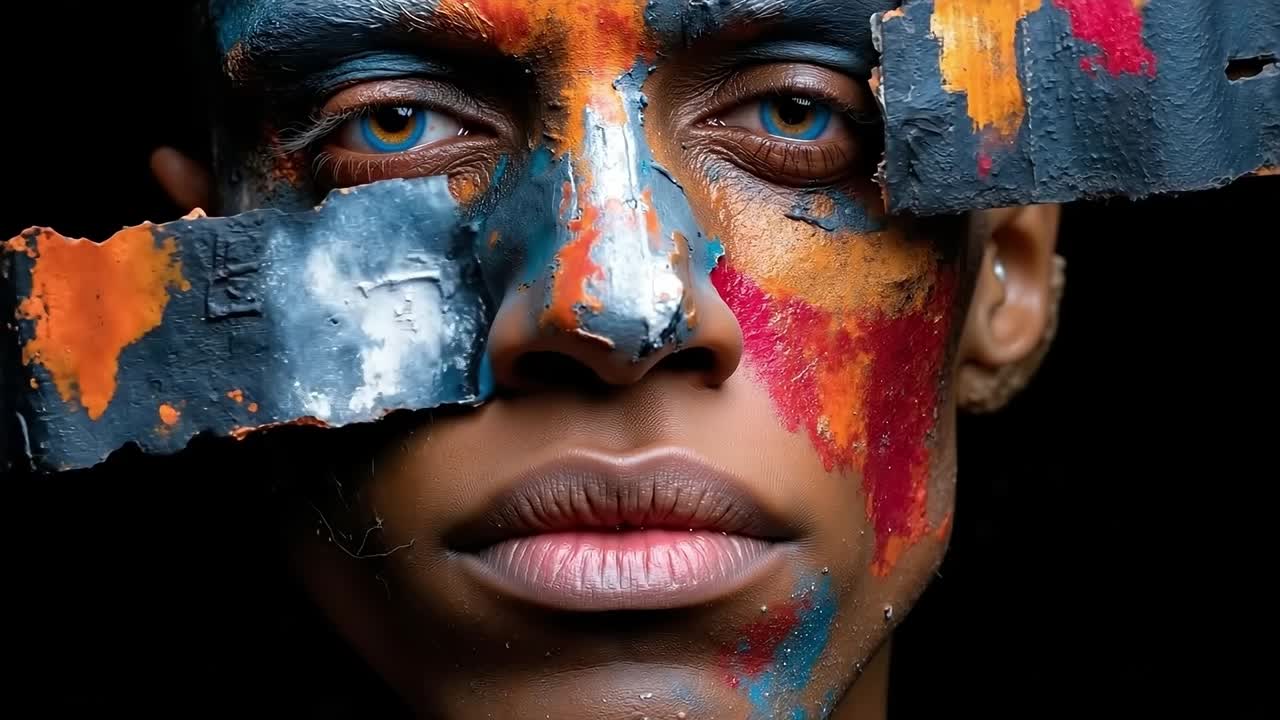 A woman with colorful paint on her face and hands