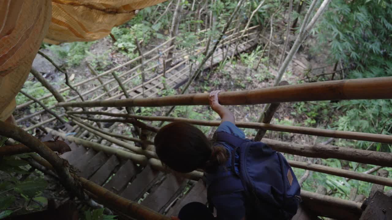 persona descendiendo una escalera de bambú en un exuberante bosque filipino, vista de ángulo alto