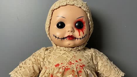 creepy antique doll with stitched mouth and bloodstains creates eerie atmosphere in spooky horror theme, perfect for halloween decor and collector's display