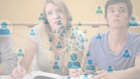 animation of students sitting by desks over a web of connections, data processing in the background.