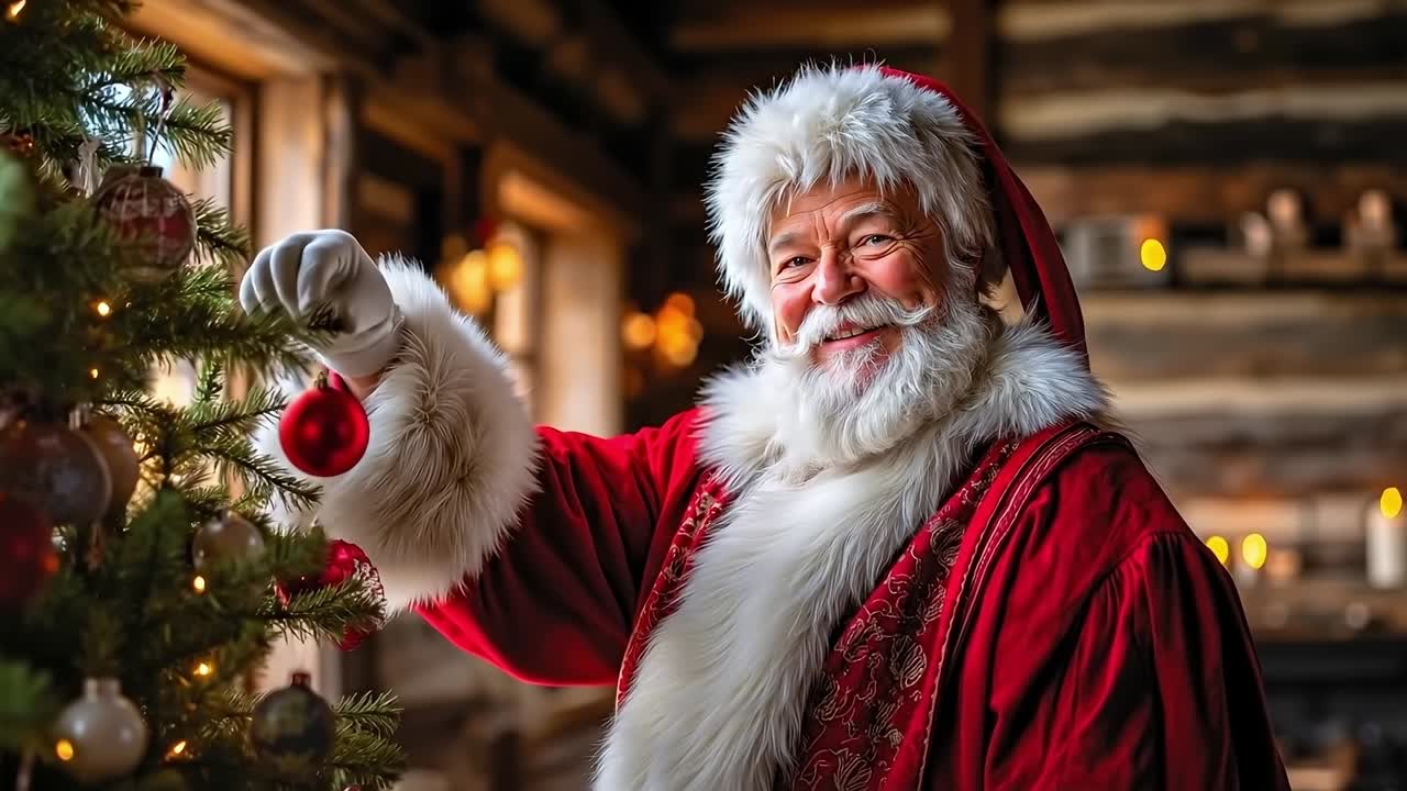 A man dressed as Santa Claus decorating a Christmas tree