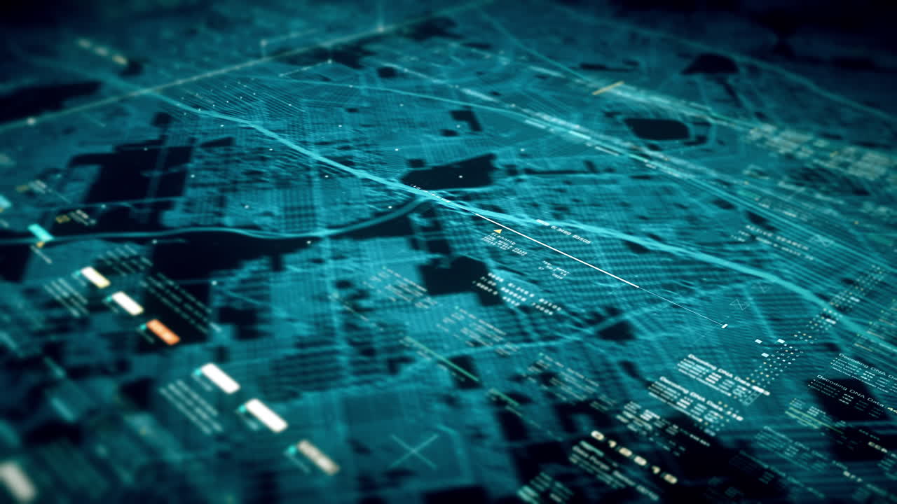Futuristic motion graphic user interface head up display screen with digital data city map telemetry information display for digital background computer desktop display screen