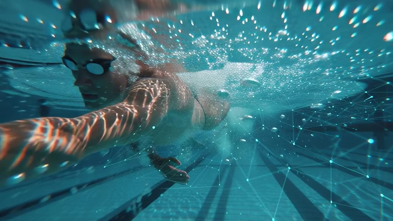 Simmare som utför undervattensteknik i en klar pool under dagtid.