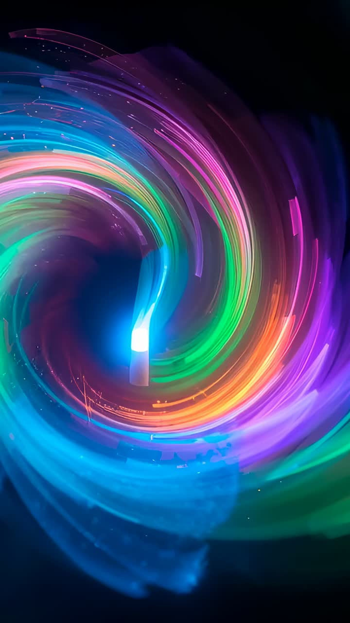 Vertical video: Rotating multicolor vortex tightening, opening in void, blue core sparking streaks
