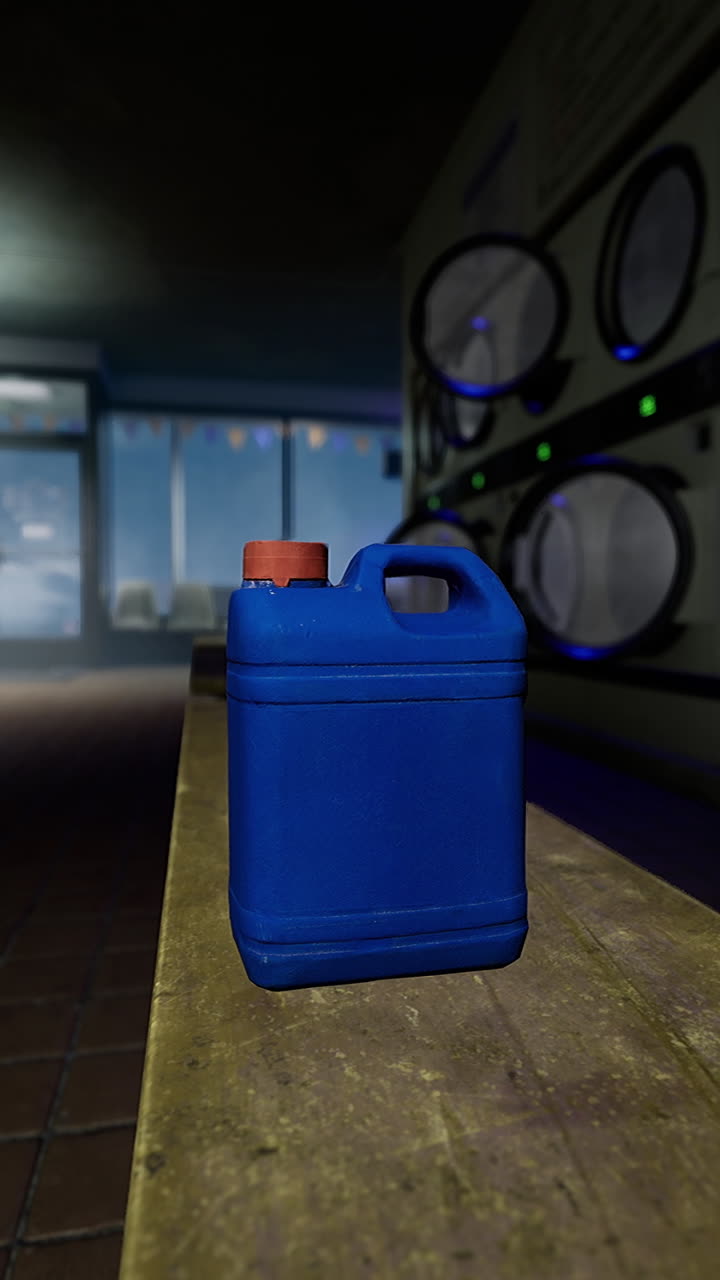 Contenedor azul sobre banco de madera en una lavandería con poca luz por la noche