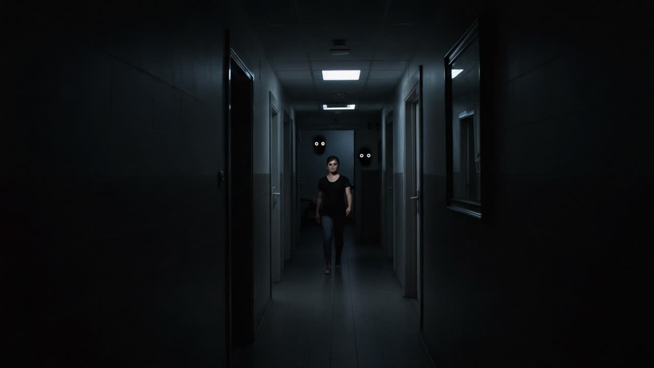A Terrifying Encounter in a Dimly Lit Hospital Corridor with an Eerie Presence Watching from the Shadows, Heightening the Sense of Dread in the Atmosphere
