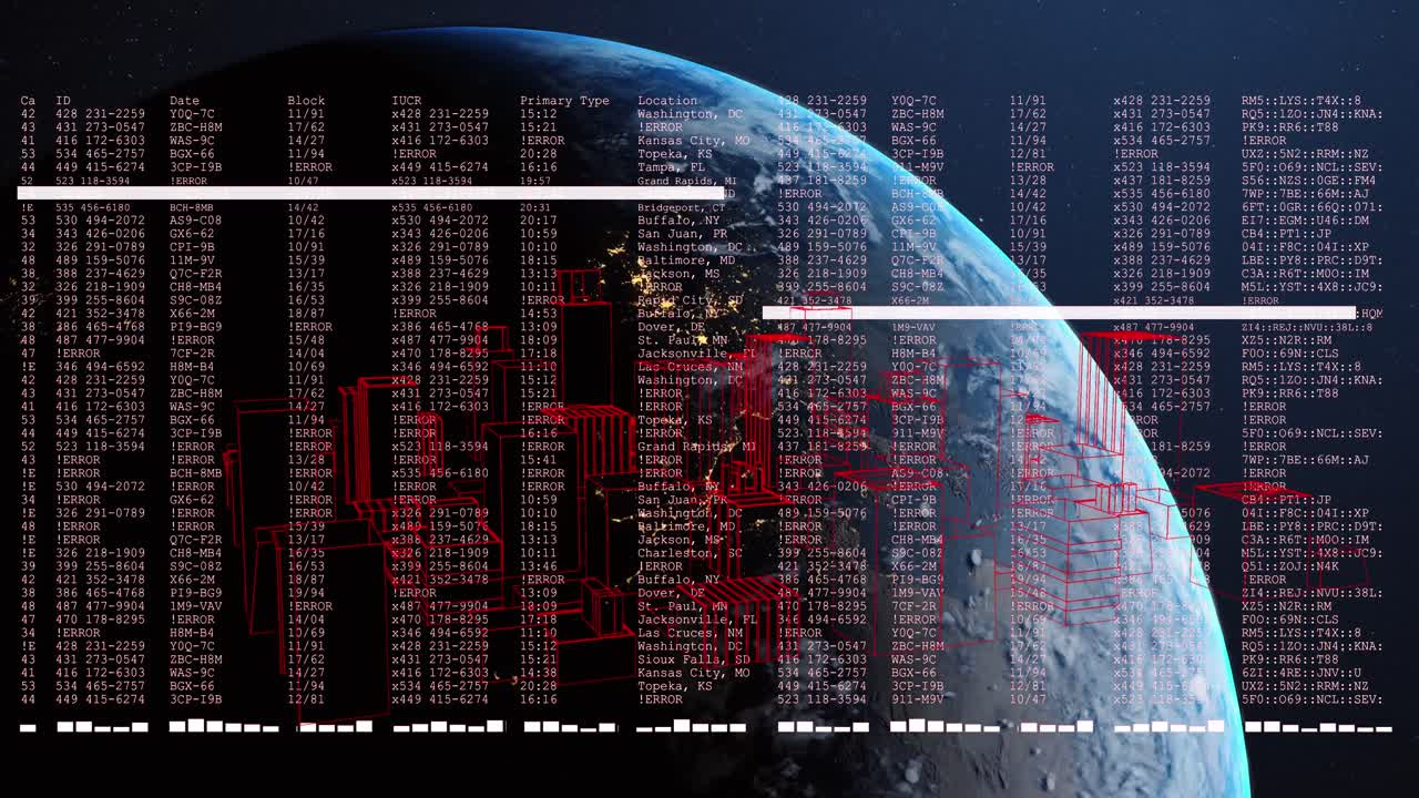 Animation of spinning 3d city model and data processing over a globe against blue background