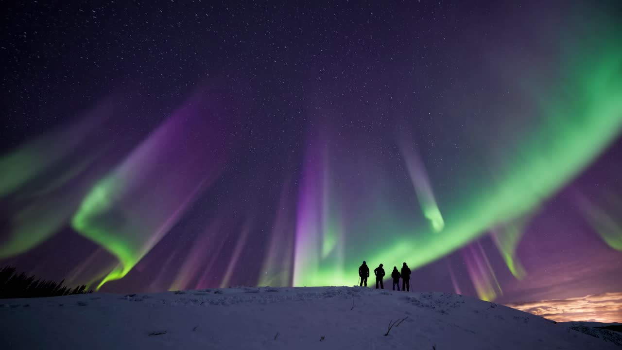 Silhouetted figures stand on snowy hill under vibrant aurora borealis