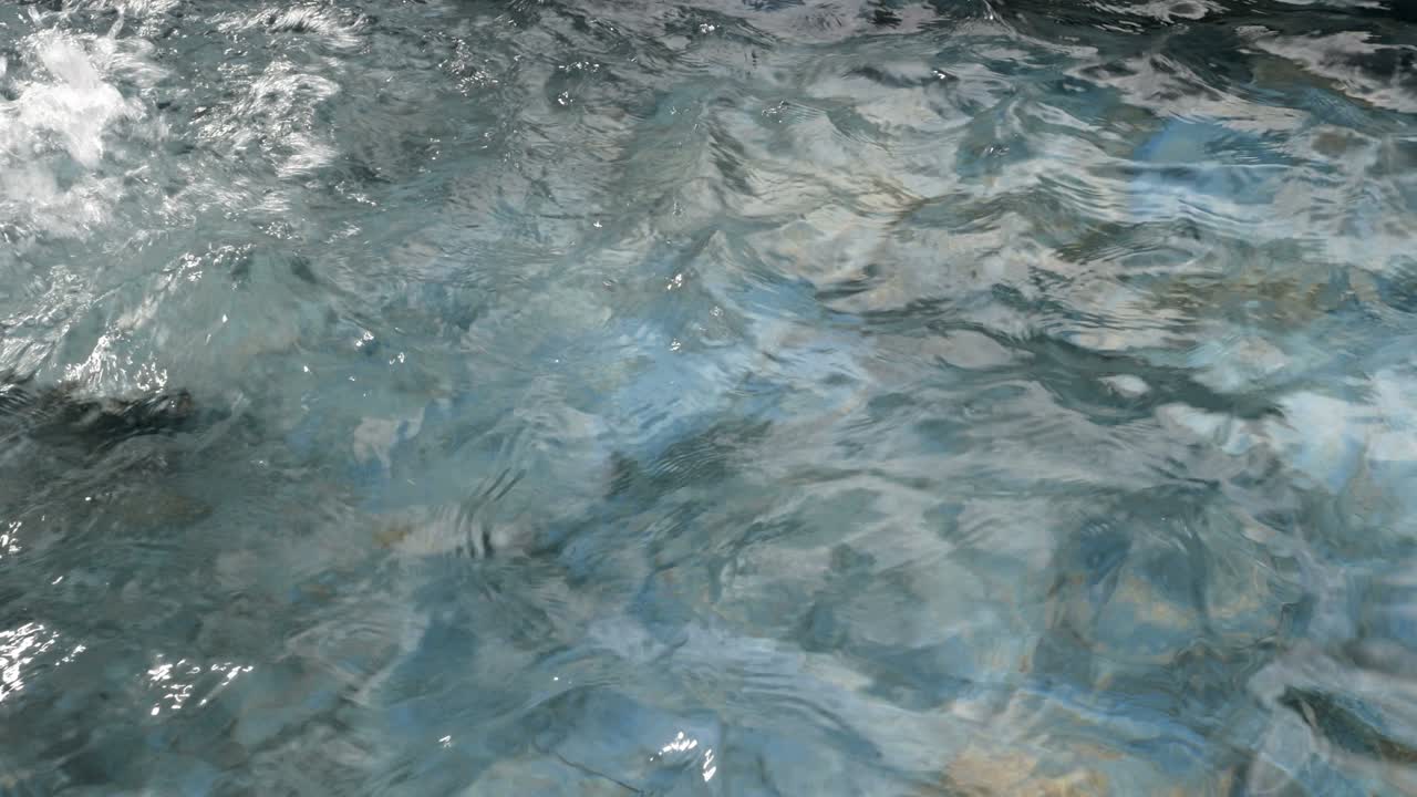 투명한 물의 파도는 강, 연못 또는 수영장의 깨한 물 표면에서 분산됩니다.