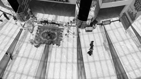 top black and white shot of people walking in the mall of hyderabad mall of india