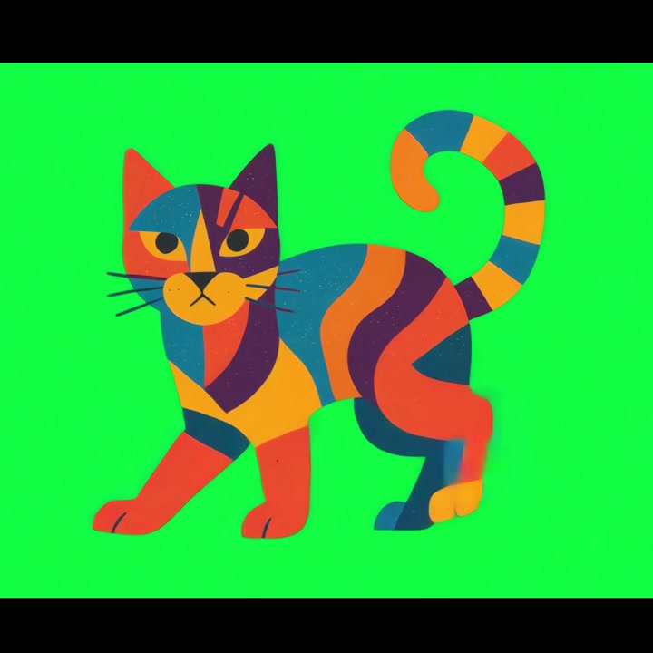 Gato geométrico animado colorido caminando sobre pantalla verde