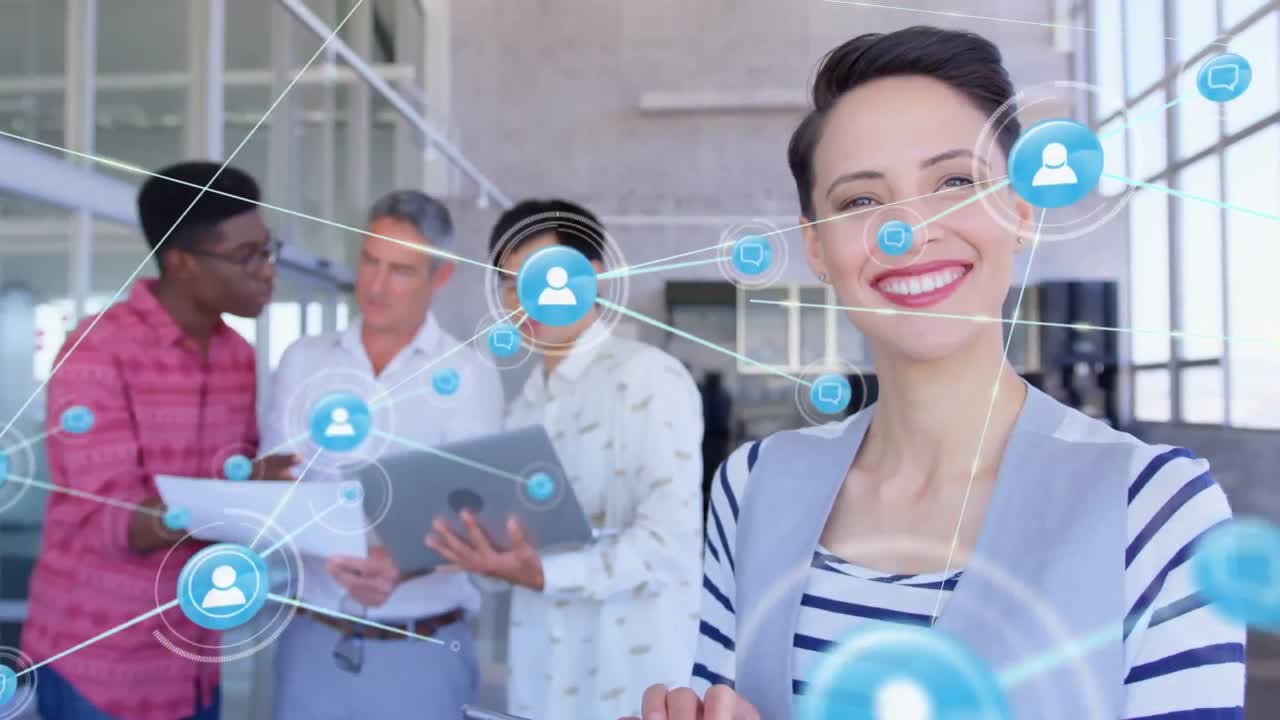 animación de la red de conexiones con iconos sobre diversas personas de negocios en la oficina