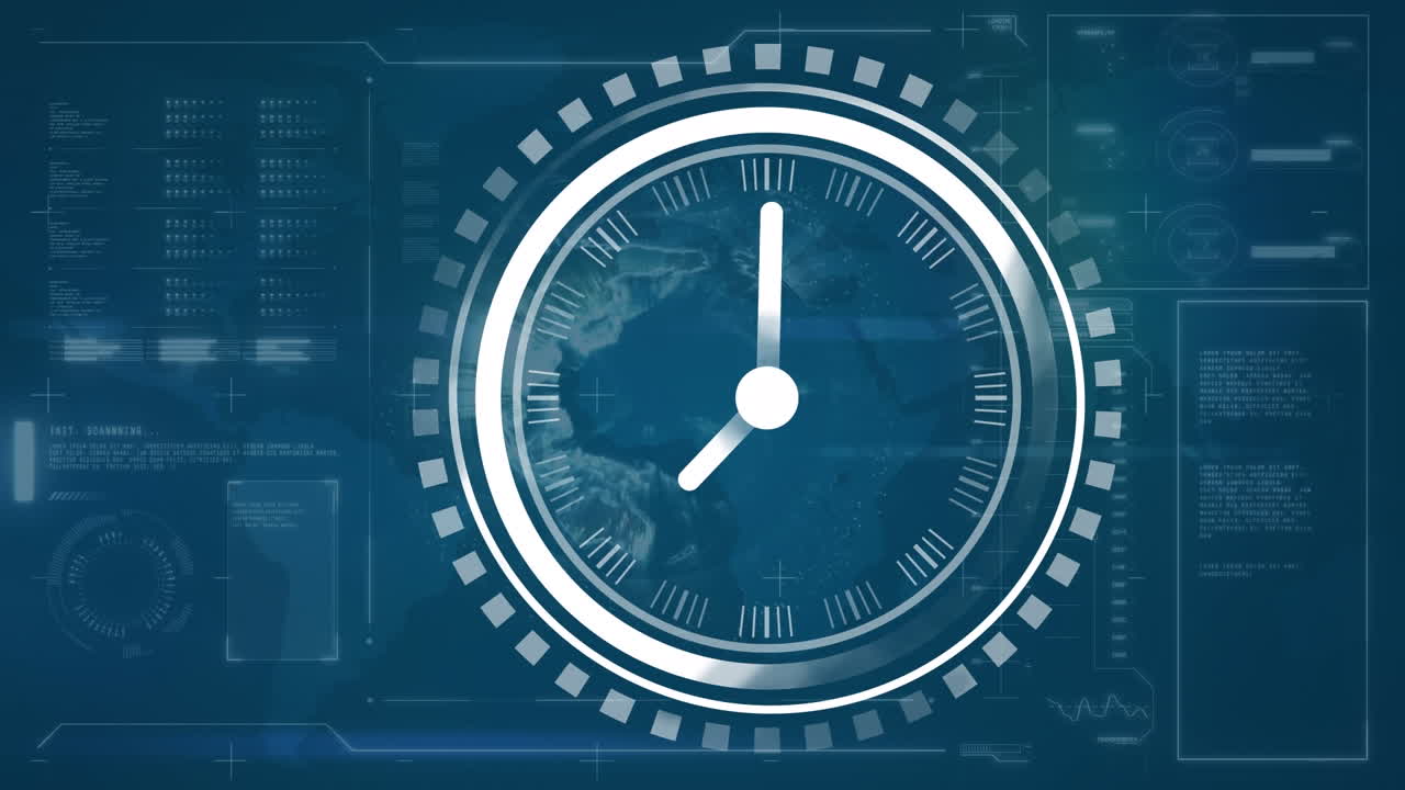 Animation of ticking clock over interface with globe and data processing against blue background