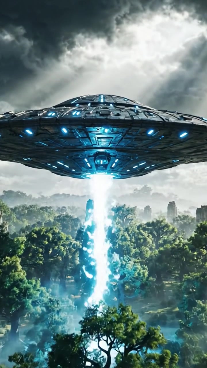 An Enigmatic UFO Hovers Above Lush Forest Terrain as it Engages in a Mysterious Beam of Light, Capturing the Intrigue of Extraterrestrial Life in a Stunning Landscape.
