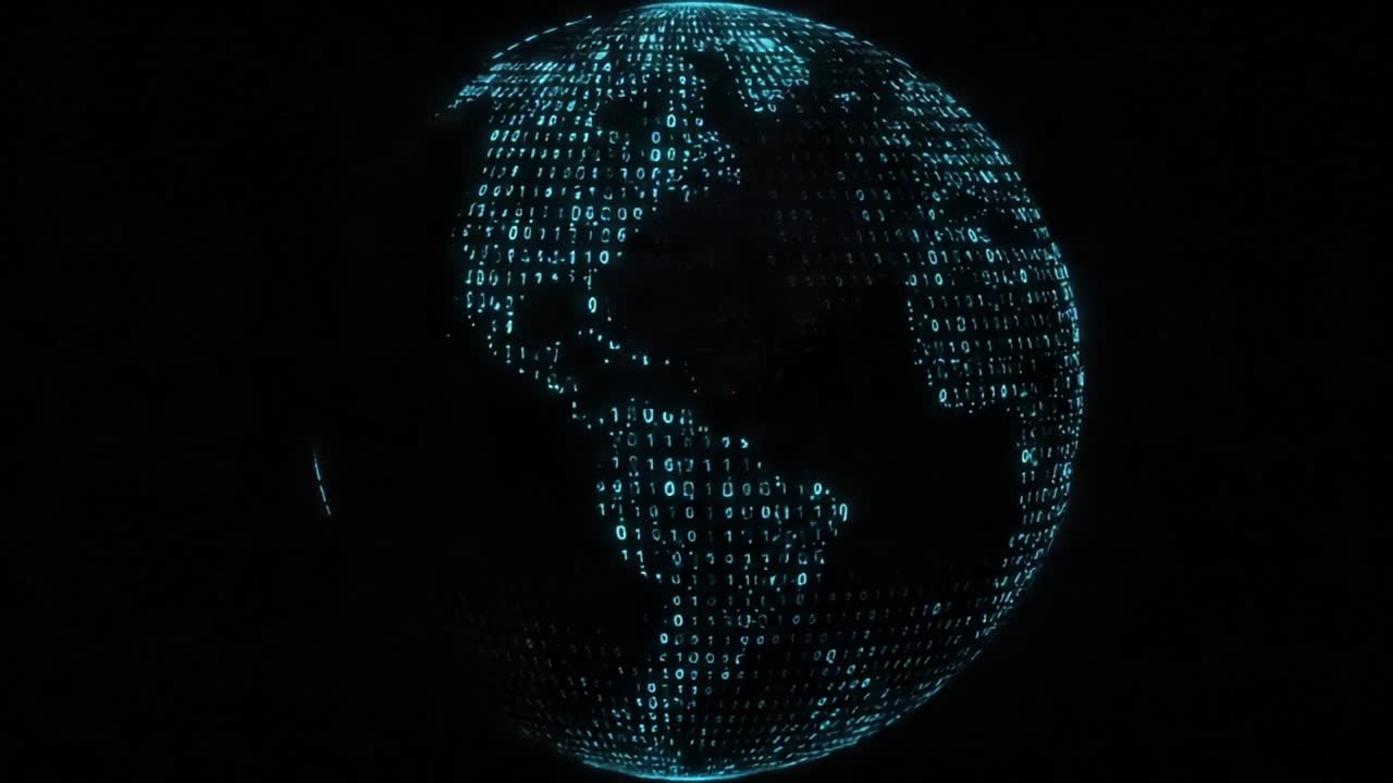 A Stunning Visualization of a Data-Driven World, Showcasing the Earth with a Digital Binary Code Overlay Against a Dark Background