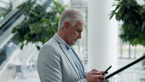 Phone,-senior-and-business-man-on-escalator