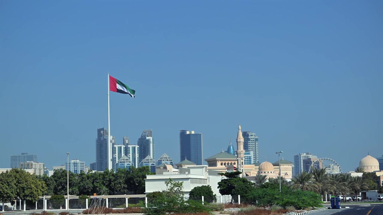 UAE national flag fluttering against the skyline of Sharjah