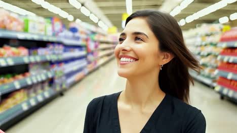 mujer sonriendo y caminando por un pasillo del supermercado