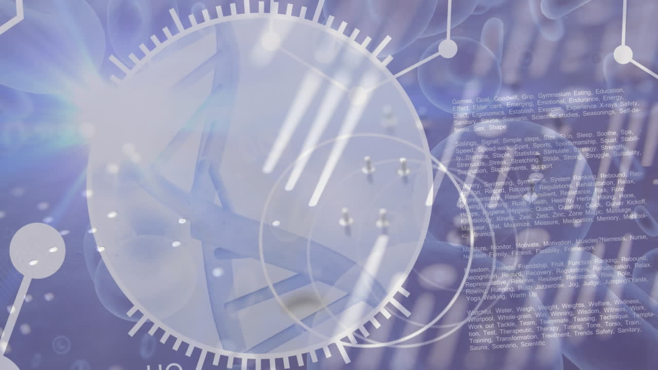 컴퓨터 보드 위에 dna 줄무와 원의 애니메이션