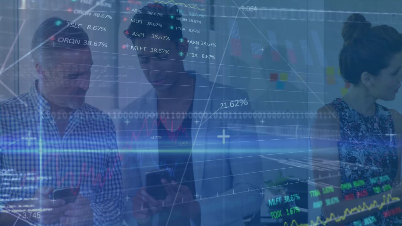 Animation of financial data processing and stock market over diverse business people in office
