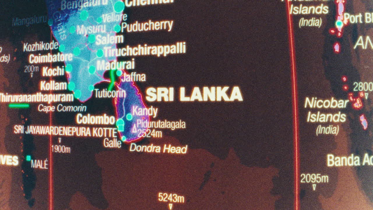 Close-up of a Map Highlighting Sri Lanka and Southern India