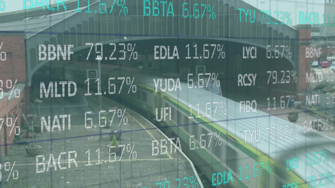 주식 시장 데이터 처리의 애니메이션은 철도에서 달리는 열차의 공중 시야에 대해