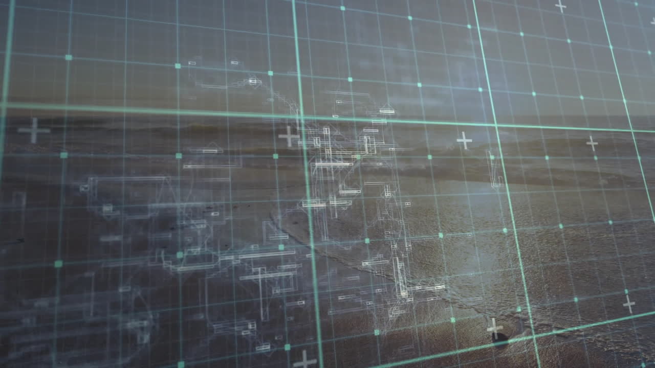 Overlaying blueprint grid on aerial landscape, creating technical animation design