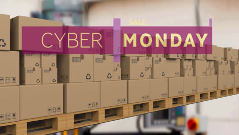 animation of cyber monday text over cardboard boxes on conveyor belt in warehouse