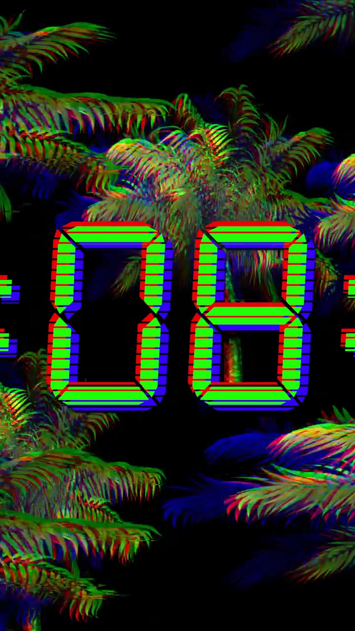 Animation of blue digital clock timer changing over palm trees on black background