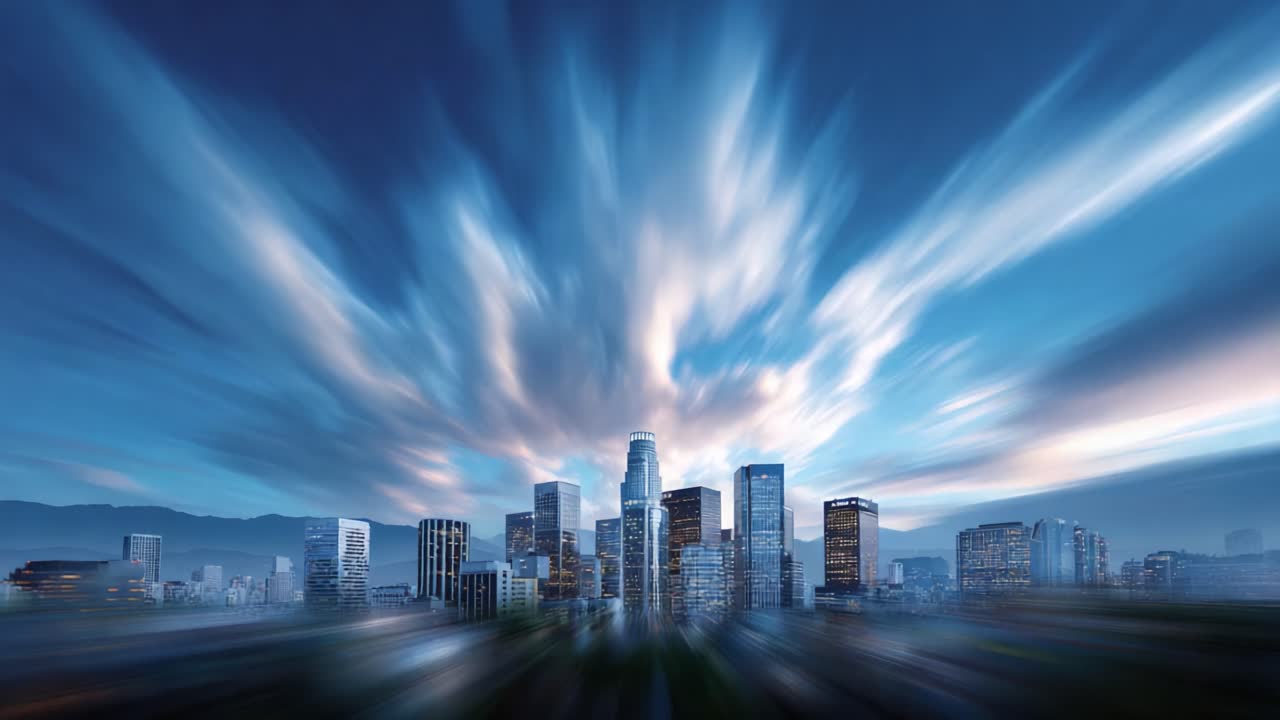 Stunning Cityscape Transition from Day to Night: A Visual Journey Through Urban Skylines Illuminated by Sunset and City Lights Enhancing Architectural Beauty
