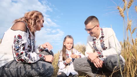 extremely beautiful ukrainian family in embroidered dresses standing in a wheat field against extremely beautiful ukrainian family in embroidered dresses standing in a wheat field against the background of the sky ukrainian family dad mom and daughter photo session in the field