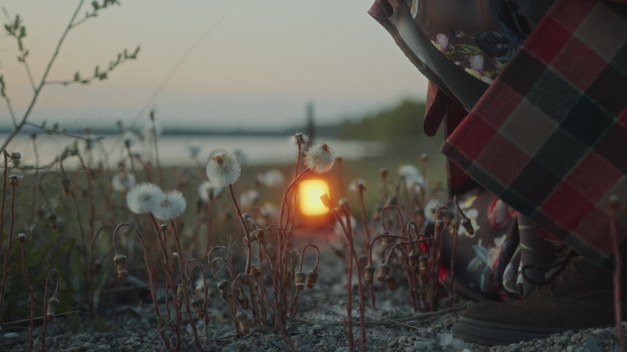 해가 지는 동안 초원 에서 불씨 를 뿌리는 젊은 여자