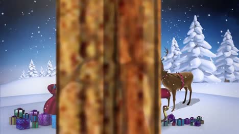 animation of winter christmas scene with waving santa and reindeer seen through window