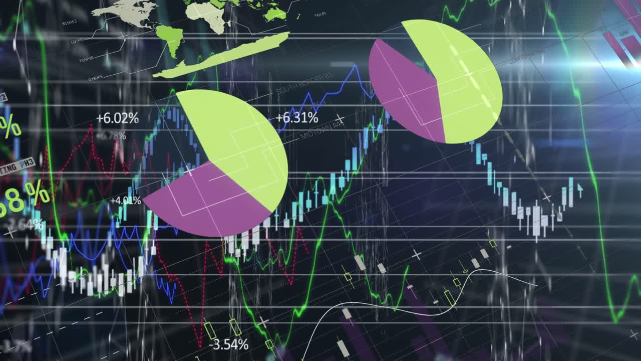 검은 바탕에 움직이는 다채로운 인포그래픽 인터페이스의 애니메이션