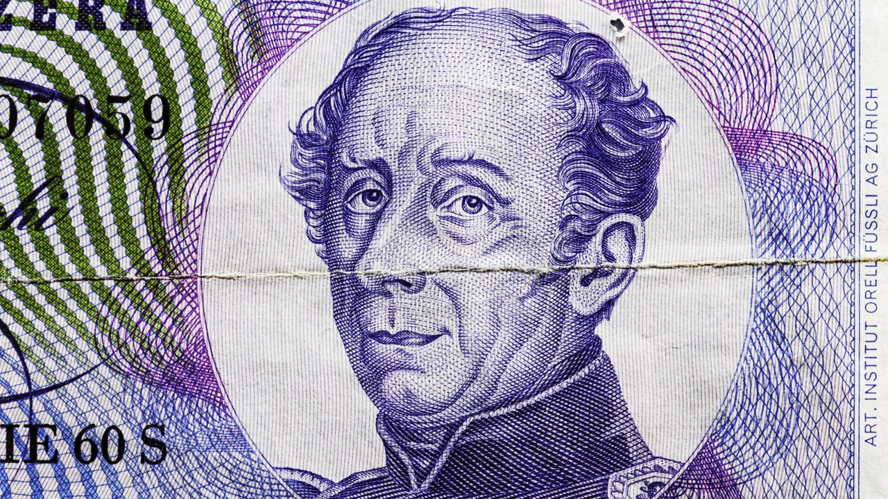 Macro pan of a circulated Swiss 20 francs note showing paper texture, folds and wear
