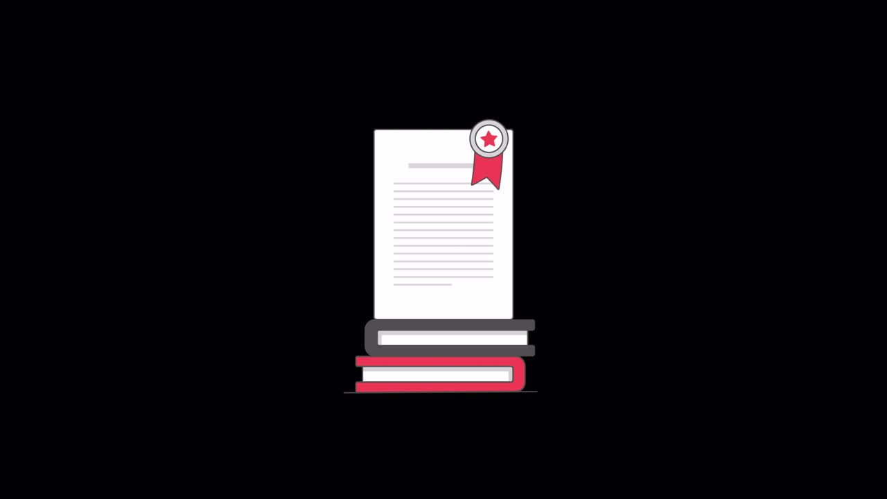 Illustrazione animata di libri e un documento con nastro di riconoscimento