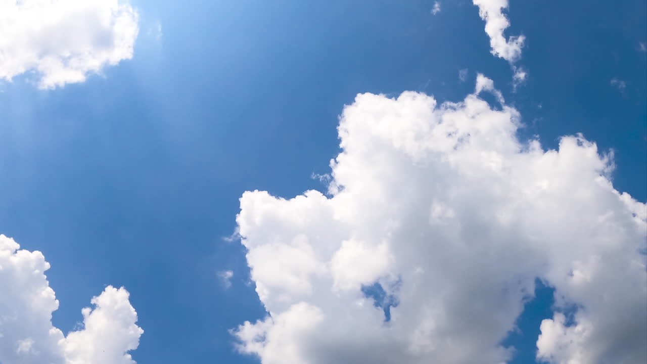 Fluffy cotton clouds quickly changing shape in the atmosphere. Summer sky with clouds from low perspective. Timelapse.