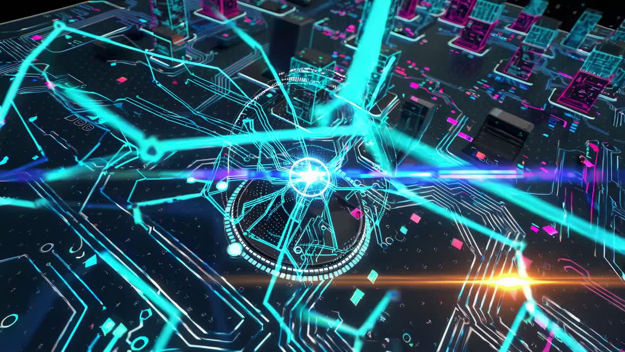 미래의 도시 풍경 회로 보드 시각화