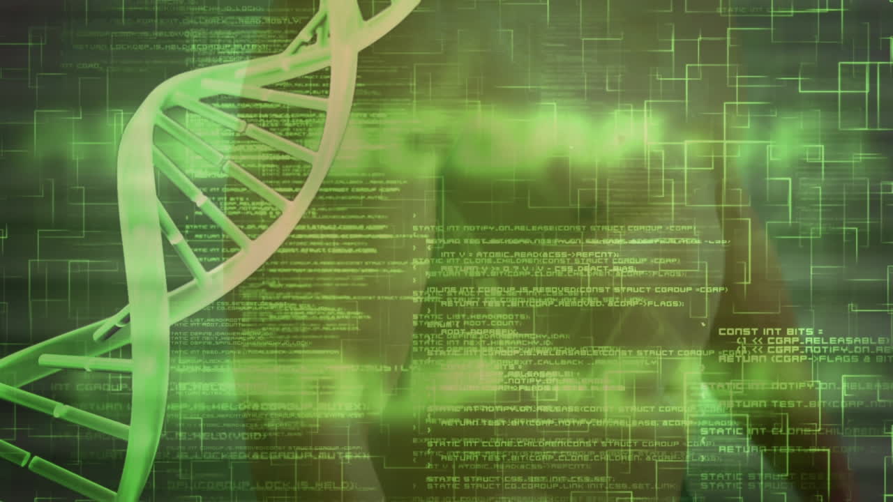 animación de cadena de adn sobre hombre fuerte haciendo ejercicio en el gimnasio