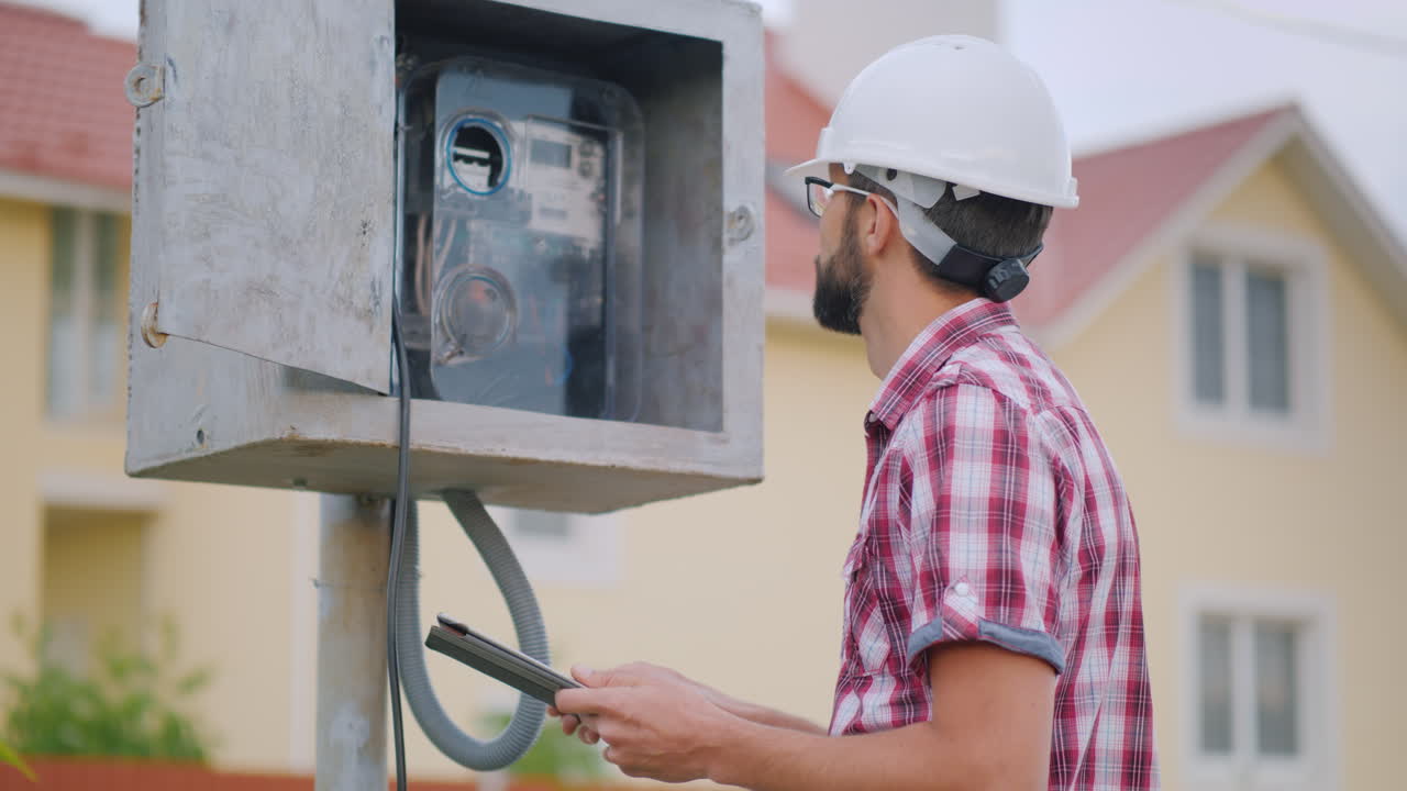el inspector verifica la lectura del medidor registra el testimonio en el video de la tableta 4k