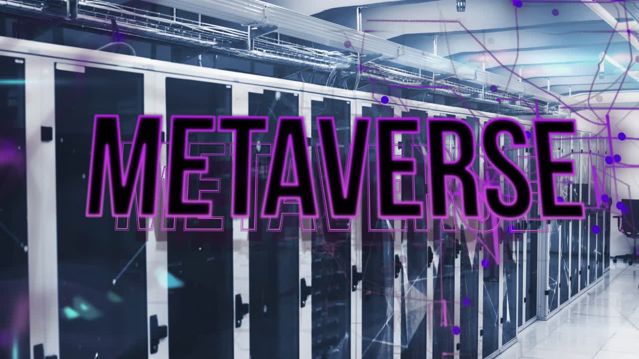 Animation of metaverse text over connected dots on data server racks in server room