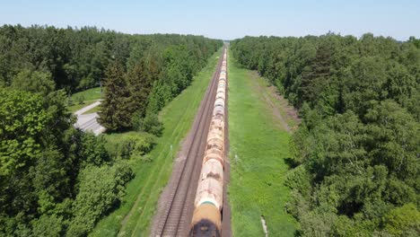 siguiendo un tren de carga sin fin en un paisaje verde vibrante, vista aérea de drones