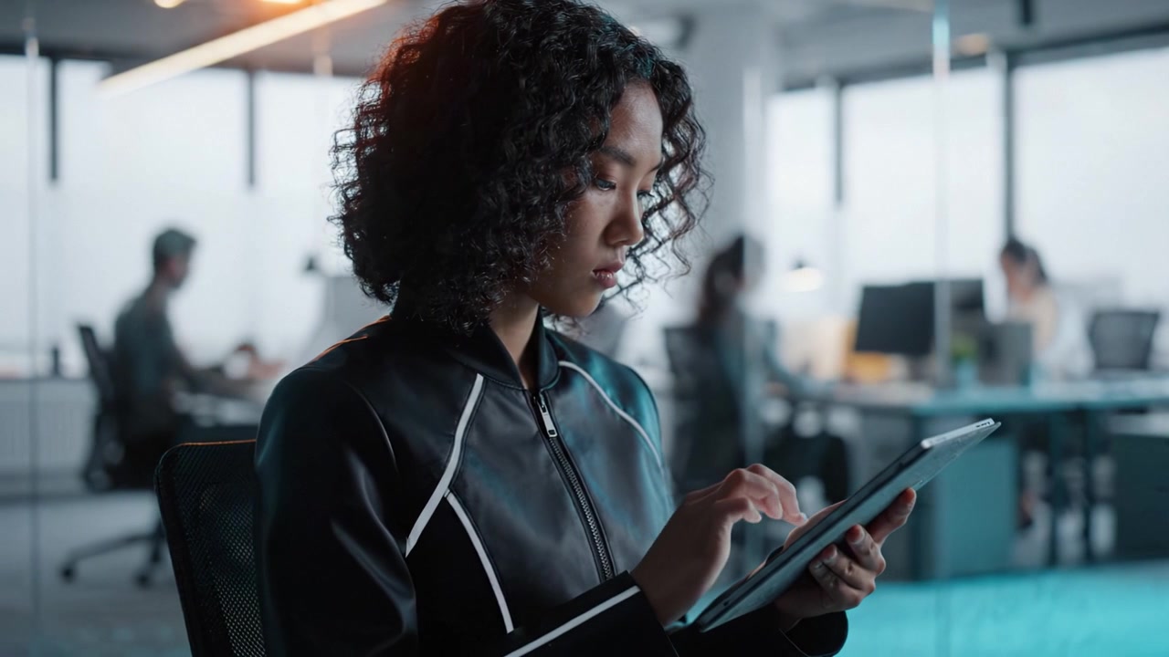 Focused Female in Modern Office Environment Using Tablet, Engaged in Work and Technology Interaction with Colleagues in Background, Professional Atmosphere