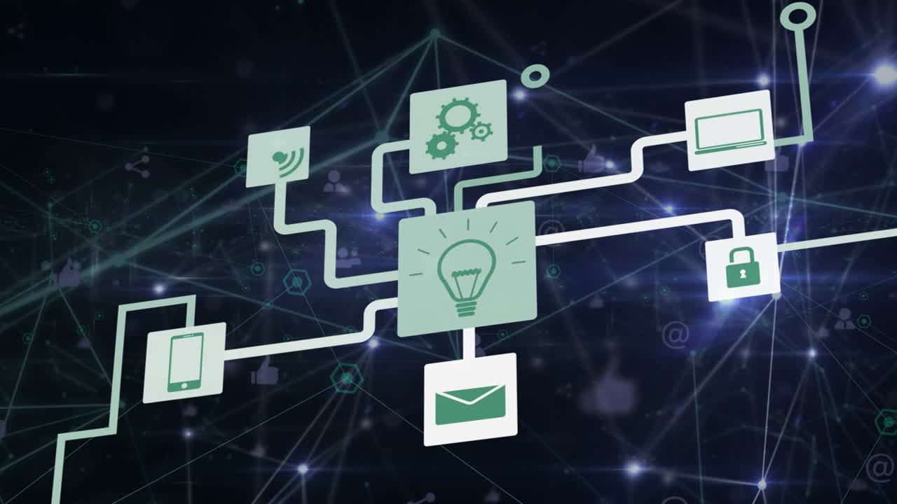 Animation of data processing and icons on black background