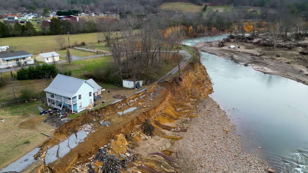 4K Aerial Drone Video of Erosion Near Farmhouse Caused by the Flooding of the Nolichucky River in Erwin, TN after Hurricane Helene (2024)