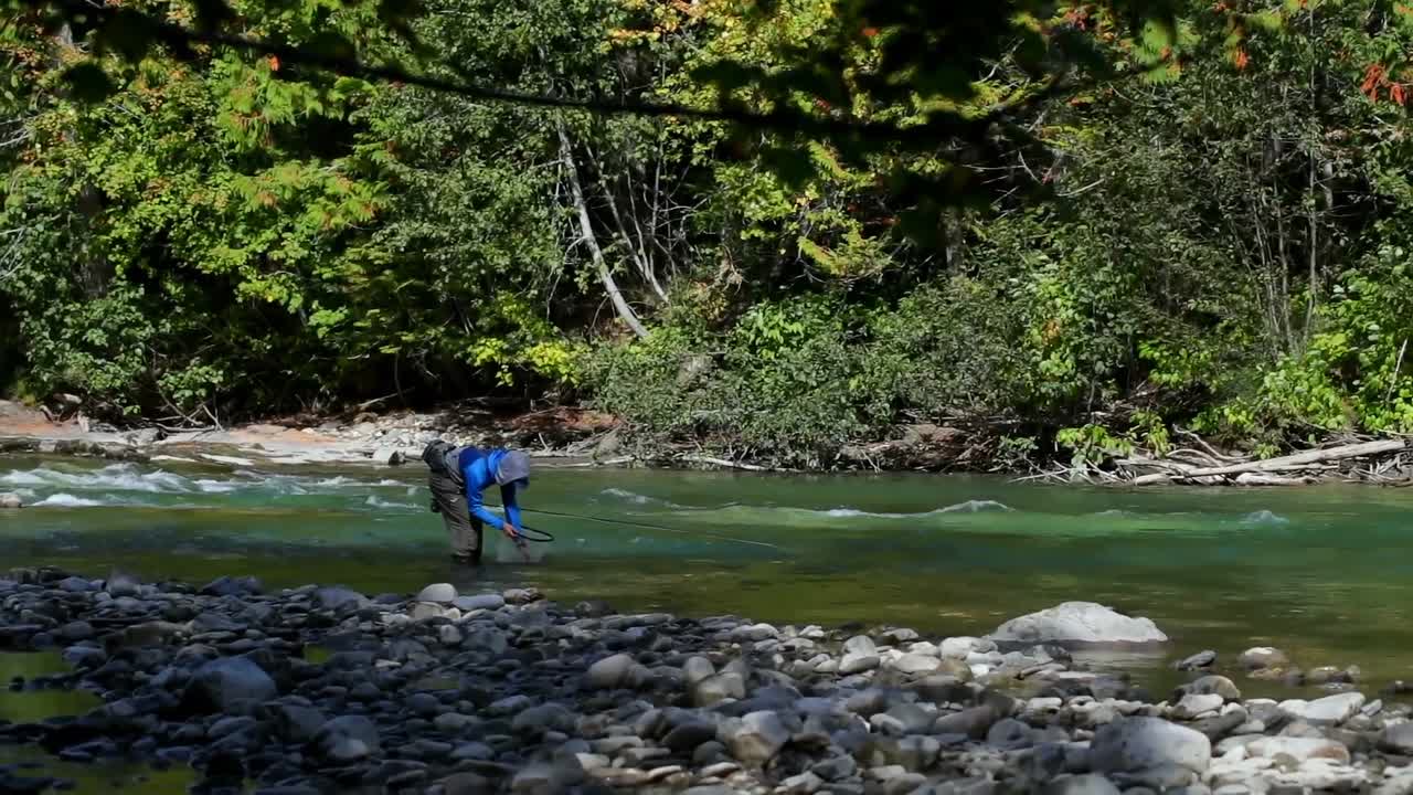 vista lateral de un pescador pescando en el arroyo del bosque en un día soleado y brillante 4k