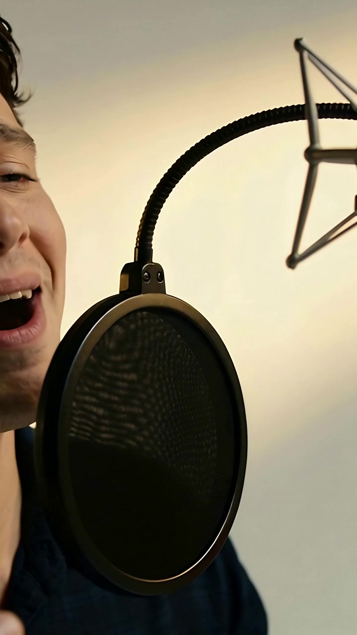 Video verticale: Cantante che inizia a registrare, chinandosi verso il microfono della cabina con filtro anti-pop, indossando un top scuro.
